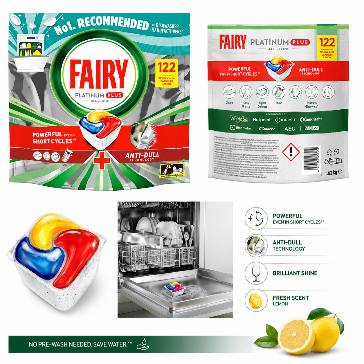 Fairy All-in-One Lemon Dishwasher 122 Capsules - Image 2